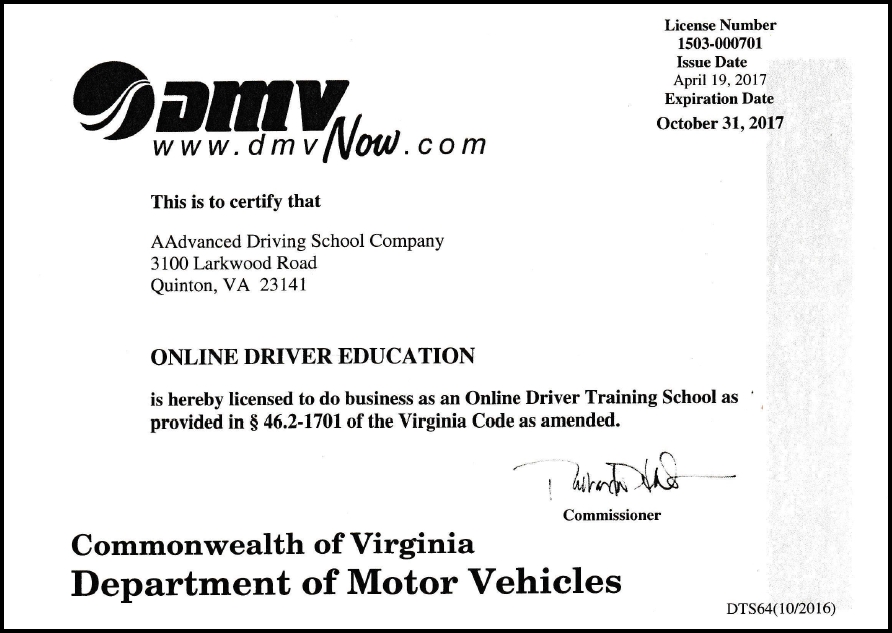 VA DMV Approved Online Driver Training License 